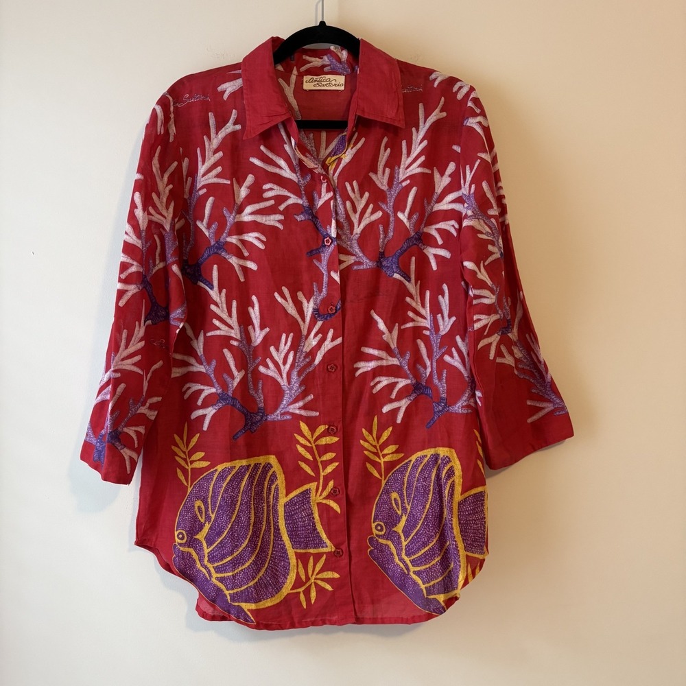 Antica Sartoria Coral Fish Button Front Blouse Size M? Boho Resort Beachy Italy